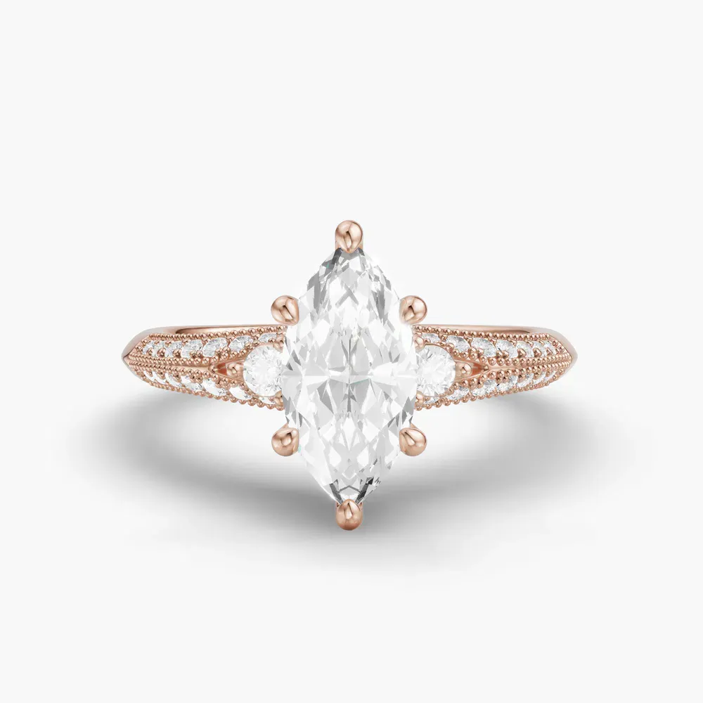 Certified 1 carat Lab Grown Diamond Marquise Cut Milgrain, Three Stone, Pavé Engagement Ring in 14K Rose Gold-Avery