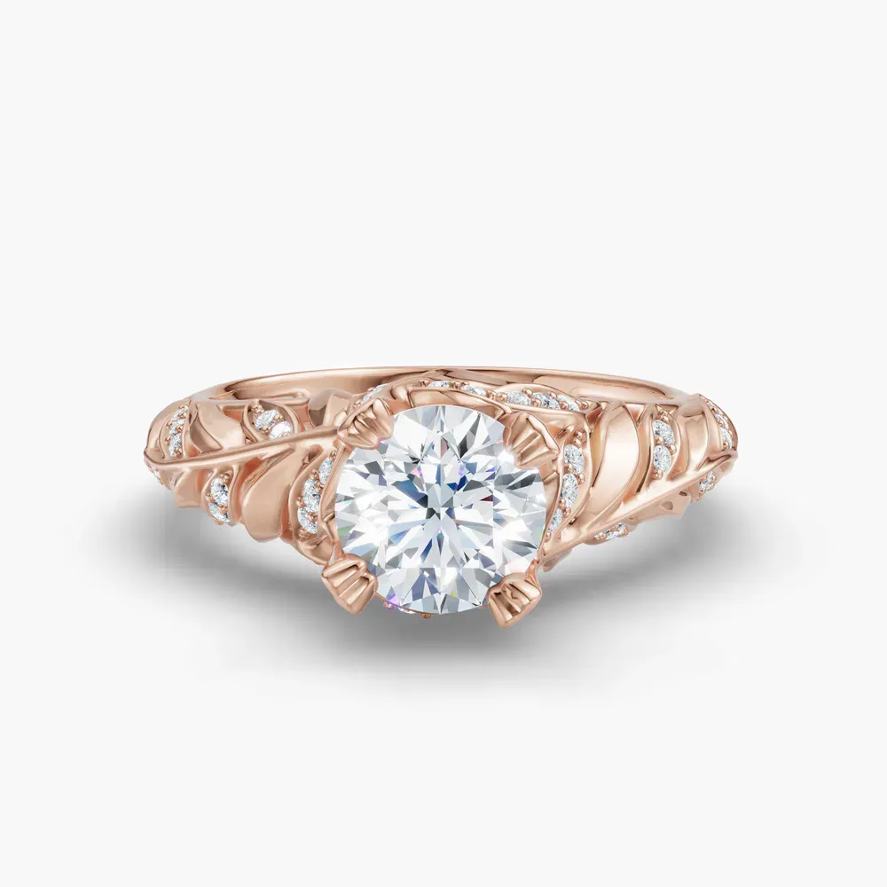 Certified 1 carat Lab Grown Diamond Round Cut Nature inspired, Vintage, Unique Engagement Ring in 14K Rose Gold-Vibe