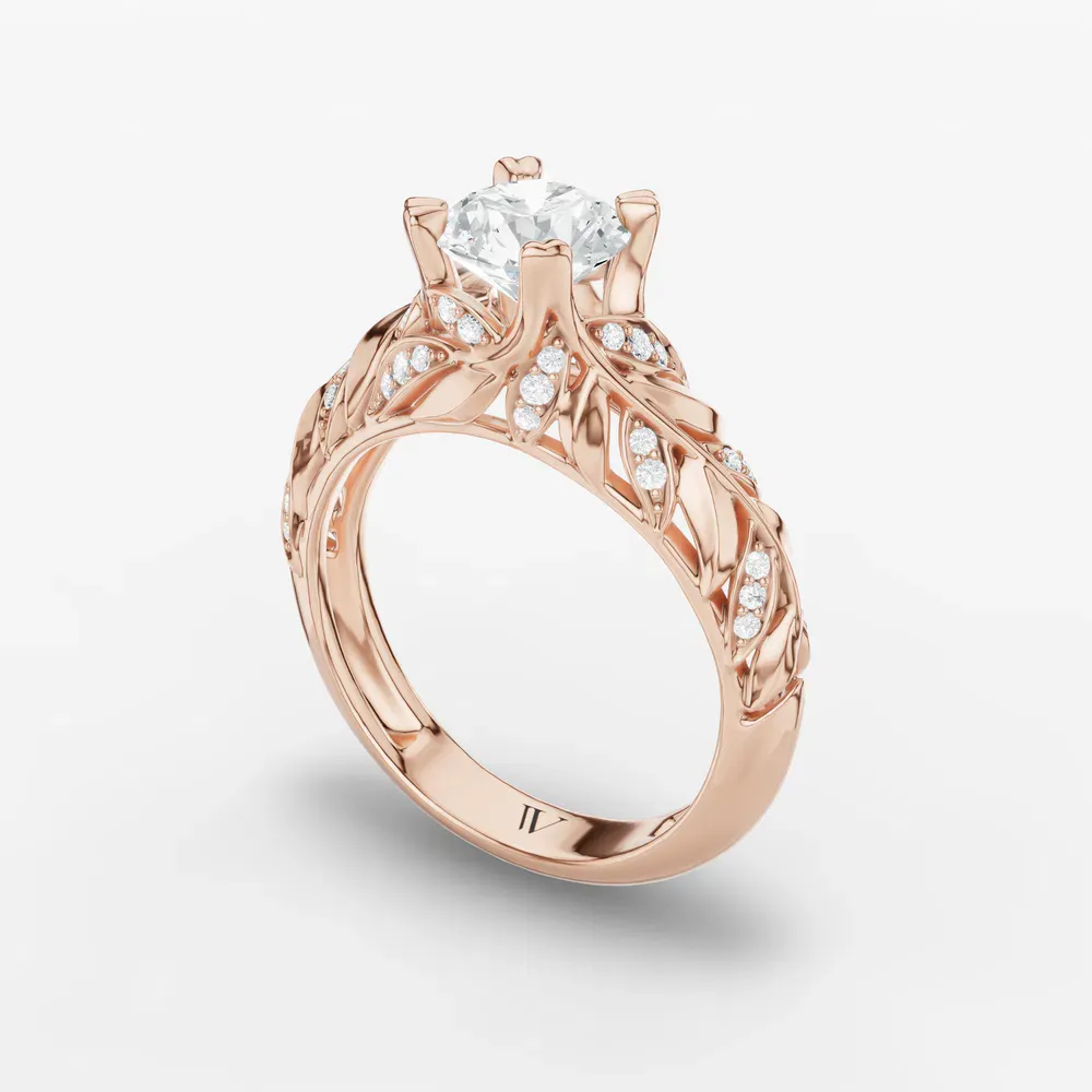 Certified 1 carat Lab Grown Diamond Round Cut Nature inspired, Vintage, Unique Engagement Ring in 14K Rose Gold-Vibe