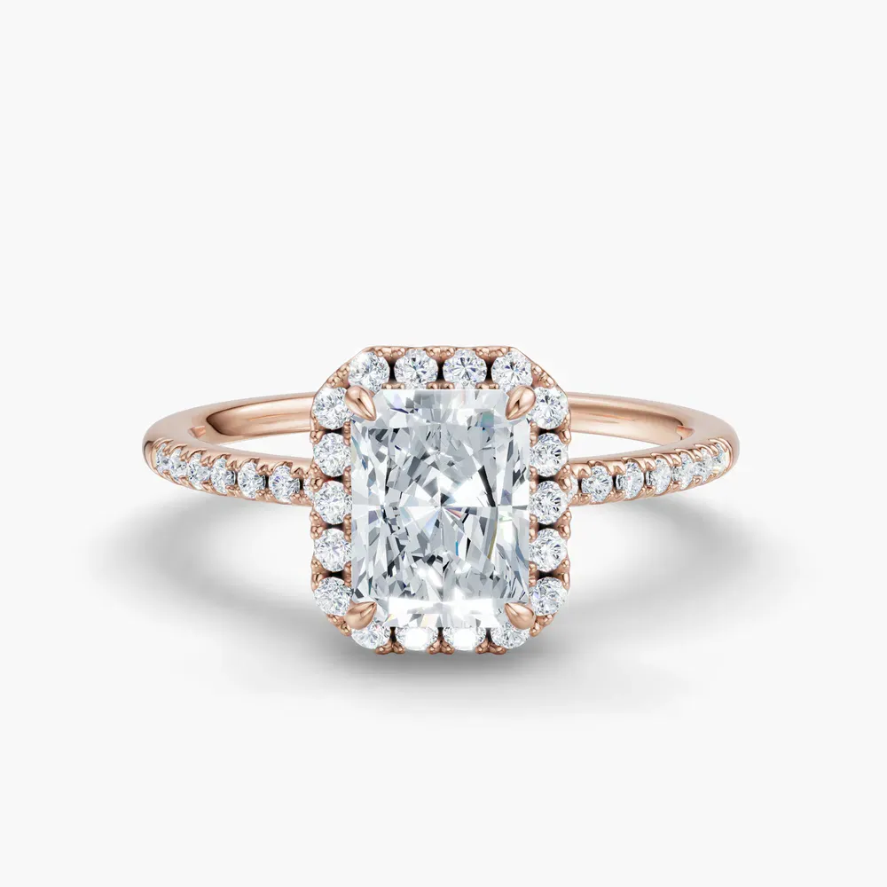 Certified 1 carat Lab Grown Diamond Radiant Cut Halo, Pavé, Classic Engagement Ring in 14K Rose Gold-Elite Vaelumette