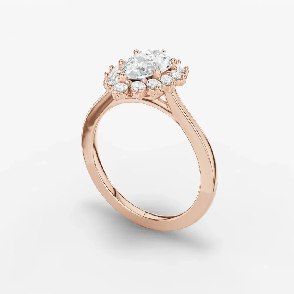 Certified 1 carat Lab Grown Diamond Pear Cut Cathedral, Halo, Floral Engagement Ring in 14K Rose Gold-Juncb
