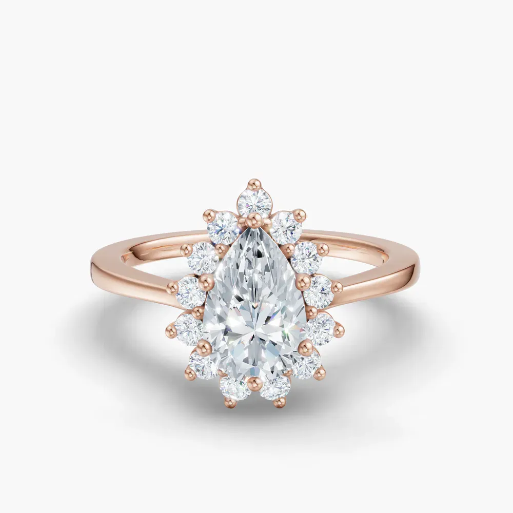 Certified 1 carat Lab Grown Diamond Pear Cut Cathedral, Halo, Floral Engagement Ring in 14K Rose Gold-Juncb