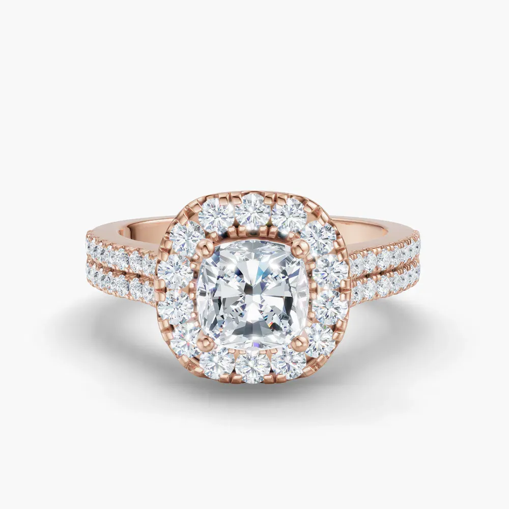 Certified 1 carat Lab Grown Diamond Cushion Cut Pavé, Halo, Cathedral Engagement Ring in 14K Rose Gold-Maelis