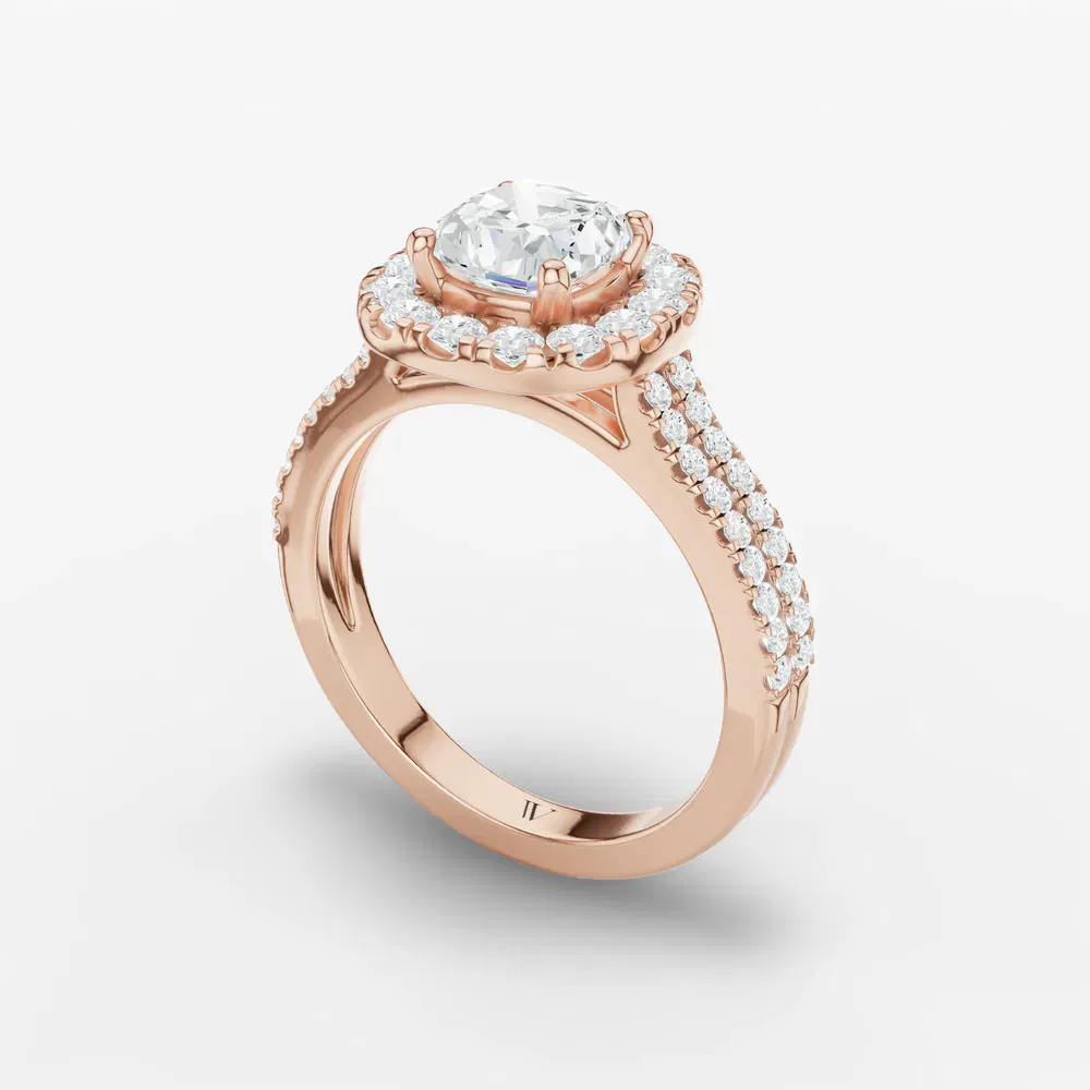 Certified 1 carat Lab Grown Diamond Cushion Cut Pavé, Halo, Cathedral Engagement Ring in 14K Rose Gold-Maelis