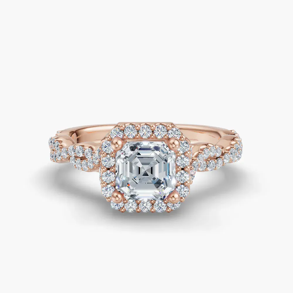 Certified 1 carat Lab Grown Diamond Asscher Cut Halo, Pavé, Twist Engagement Ring in 14K Rose Gold-Meraki