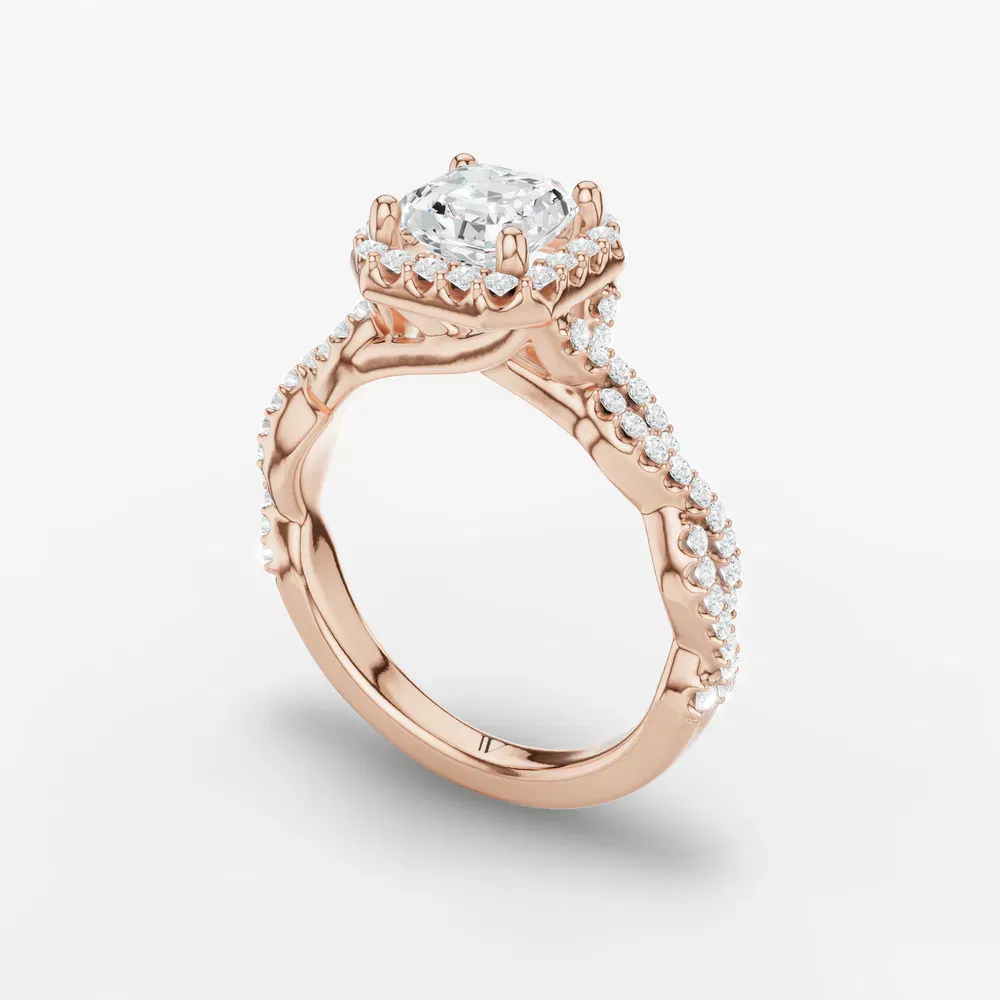 Certified 1 carat Lab Grown Diamond Asscher Cut Halo, Pavé, Twist Engagement Ring in 14K Rose Gold-Meraki
