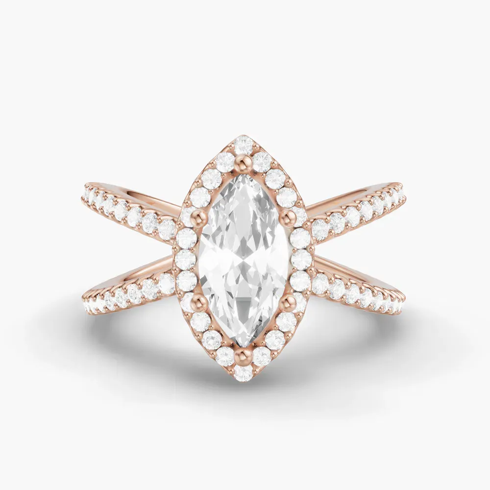 Certified 1 carat Lab Grown Diamond Marquise Cut Pavé, Halo, Split Shank Engagement Ring in 14K Rose Gold-Xylius