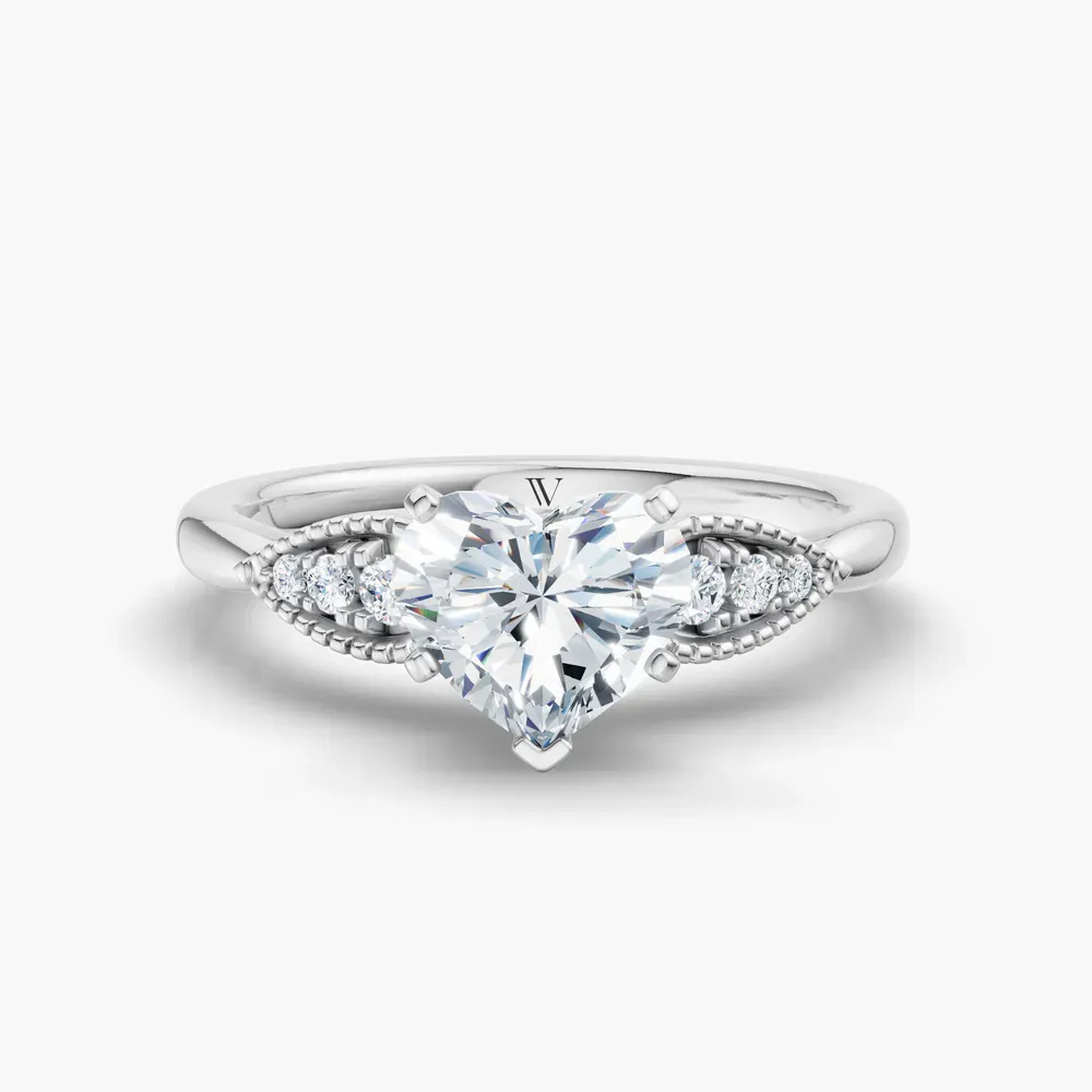 Certified 1 carat Lab Grown Diamond Heart Cut Milgrain, Vintage, Side Stone Engagement Ring in 14K White Gold-Yerlin