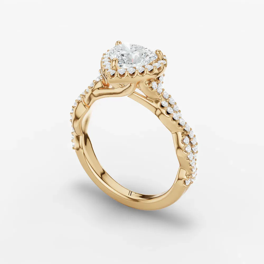 Certified 1 carat Lab Grown Diamond Heart Cut Halo, Pavé, Twist Engagement Ring in 14K Yellow Gold-Meraki