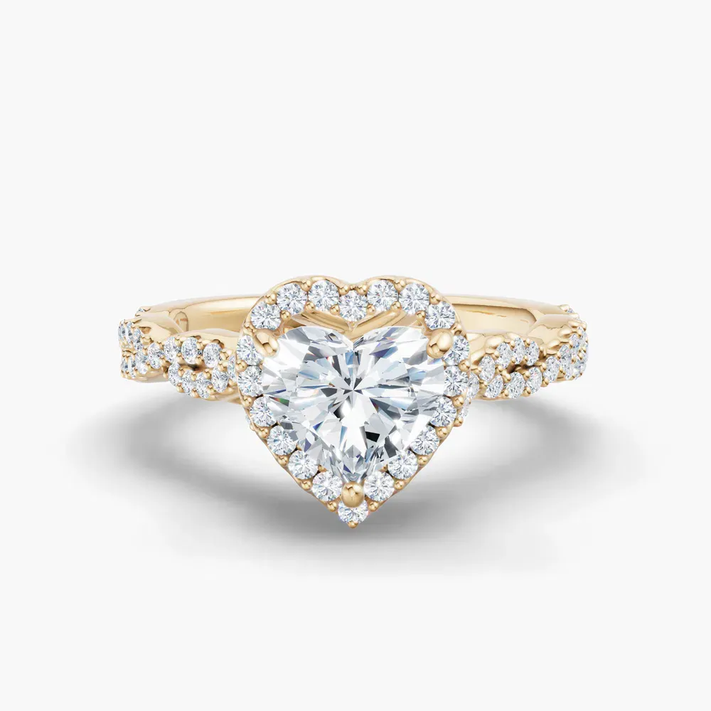Certified 1 carat Lab Grown Diamond Heart Cut Halo, Pavé, Twist Engagement Ring in 14K Yellow Gold-Meraki