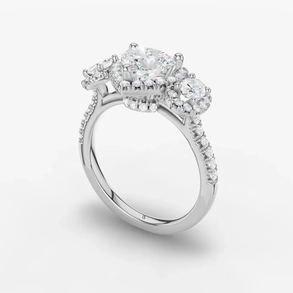 Certified 1 carat Lab Grown Diamond Heart Cut Pavé, Three Stone, Halo Engagement Ring in 14K White Gold-Norell
