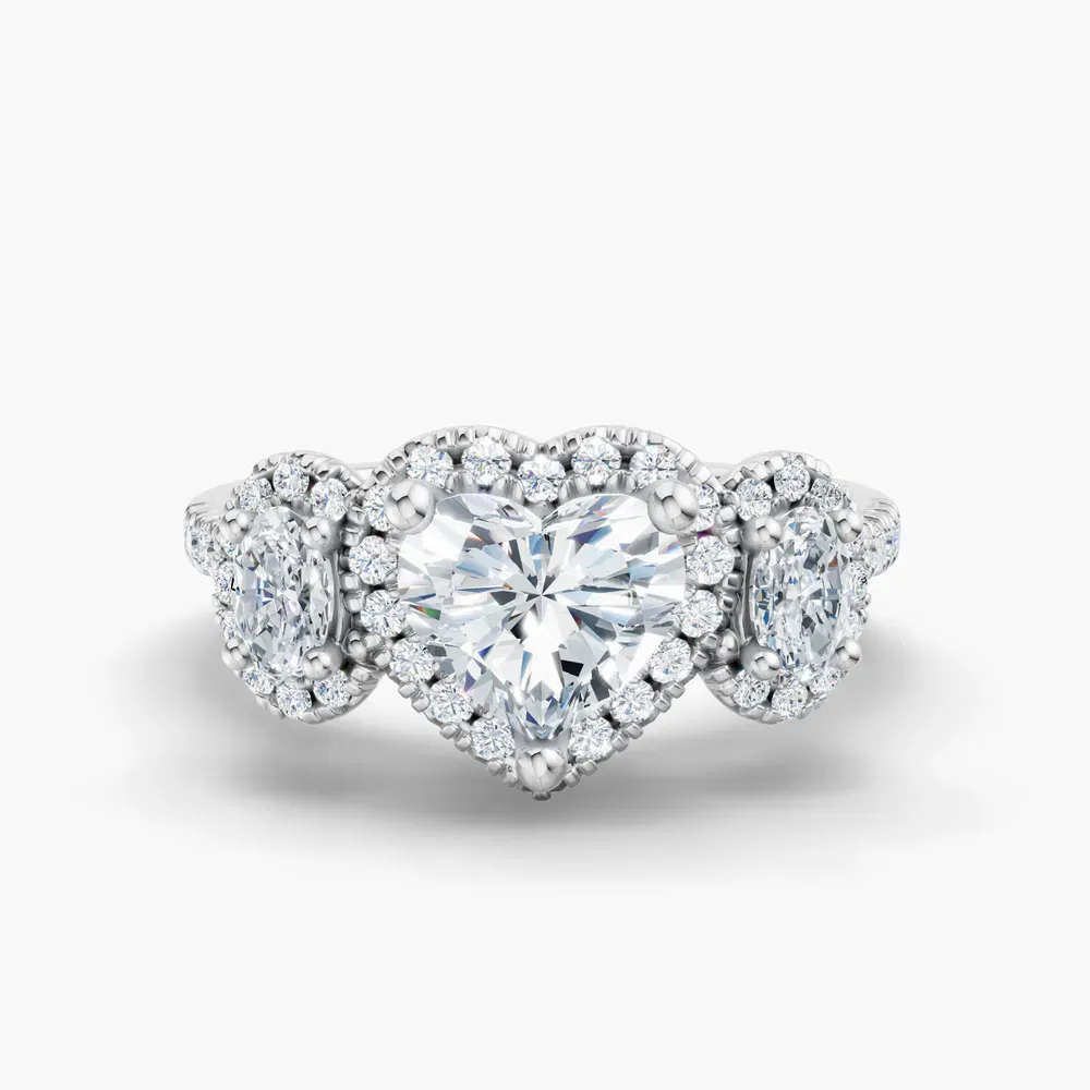 Certified 1 carat Lab Grown Diamond Heart Cut Pavé, Three Stone, Halo Engagement Ring in 14K White Gold-Norell