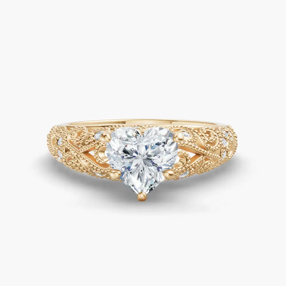 Certified 1 carat Lab Grown Diamond Heart Cut Vintage, Milgrain, Filigree Engagement Ring in 14K Yellow Gold-Jaxen