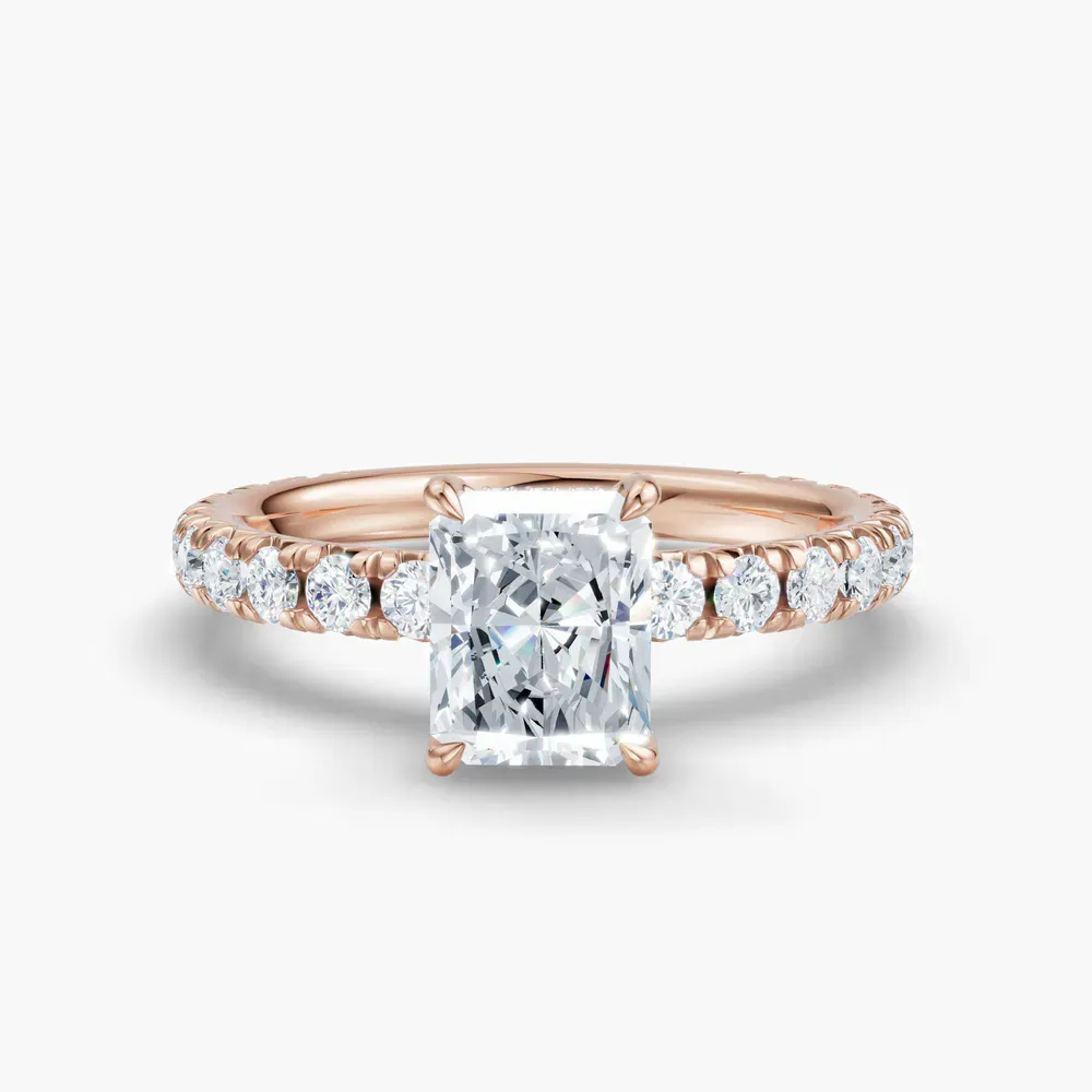 Certified 1 carat Lab Grown Diamond Radiant Cut Pavé, Hidden Halo, Low profile Engagement Ring in 14K Rose Gold-Cyrra