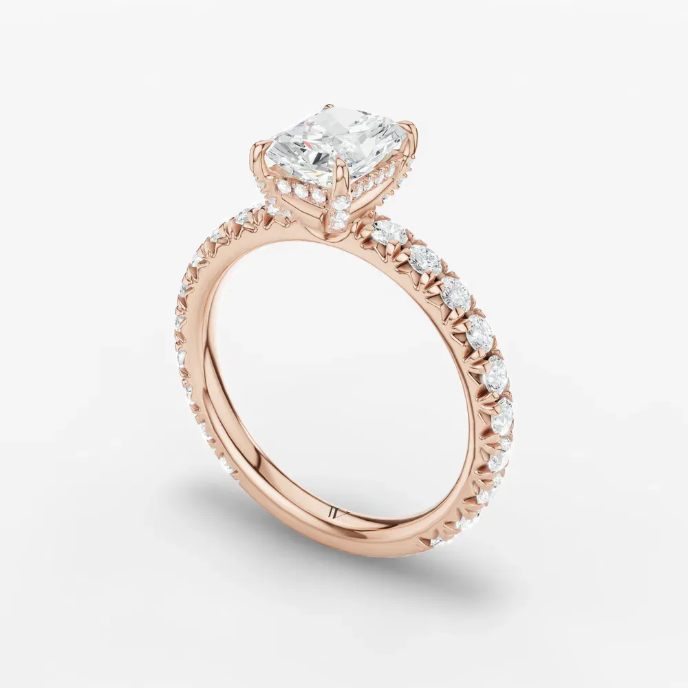 Certified 1 carat Lab Grown Diamond Radiant Cut Pavé, Hidden Halo, Low profile Engagement Ring in 14K Rose Gold-Cyrra