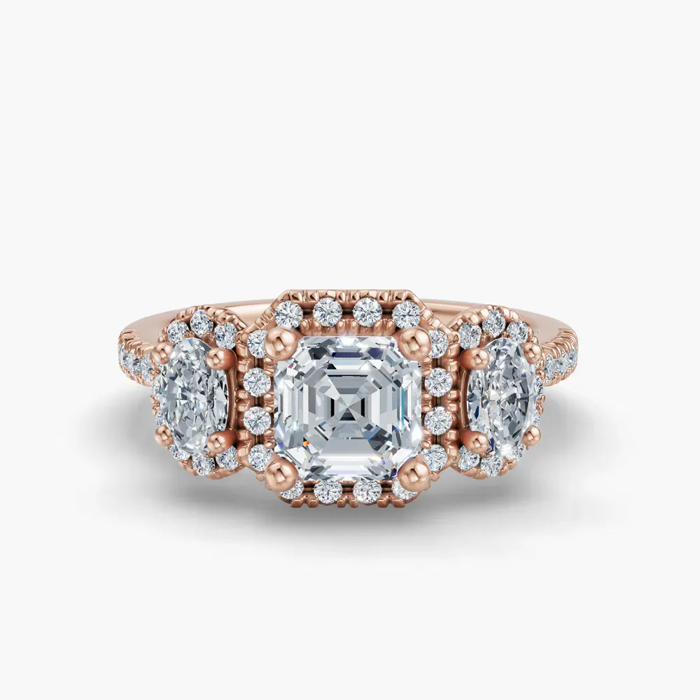 Certified 1 carat Lab Grown Diamond Asscher Cut Pavé, Three Stone, Halo Engagement Ring in 14K Rose Gold-Norell