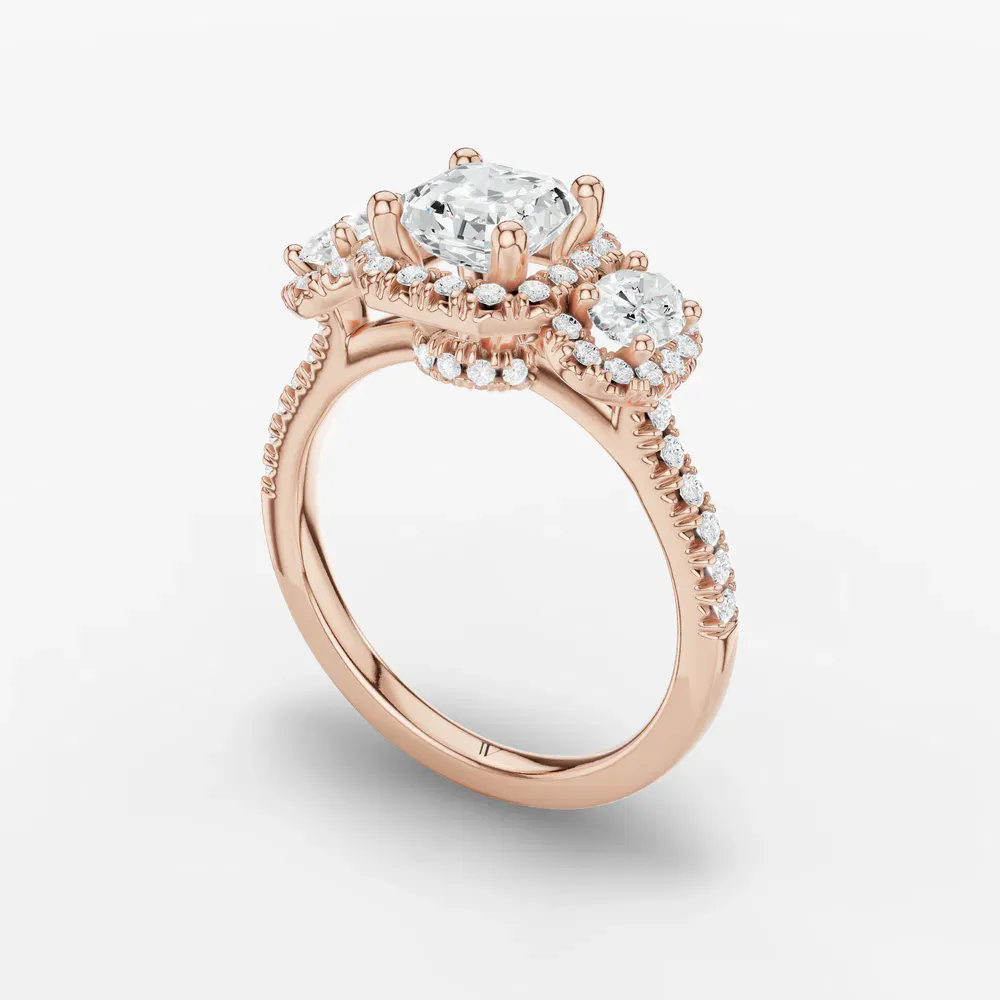 Certified 1 carat Lab Grown Diamond Asscher Cut Pavé, Three Stone, Halo Engagement Ring in 14K Rose Gold-Norell