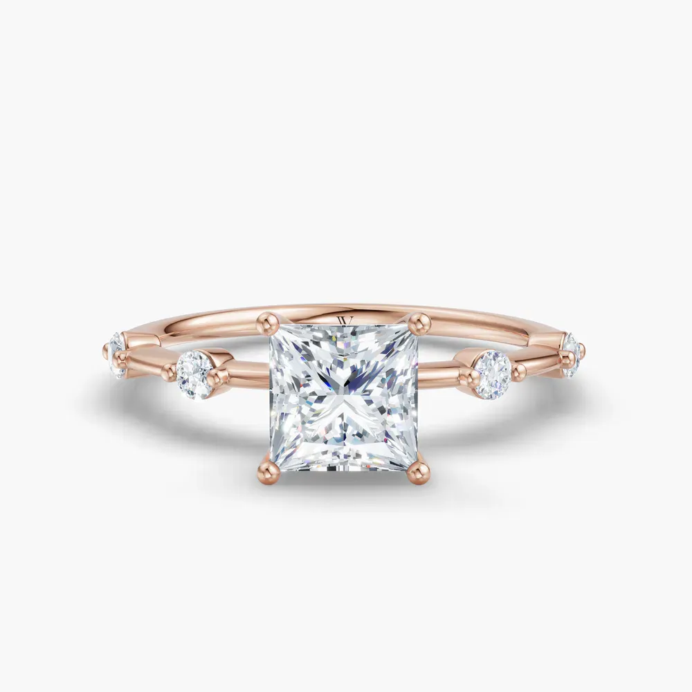 Certified 1 carat Lab Grown Diamond Princess Cut Low profile, Side Stone Engagement Ring in 14K Rose Gold-Hriw