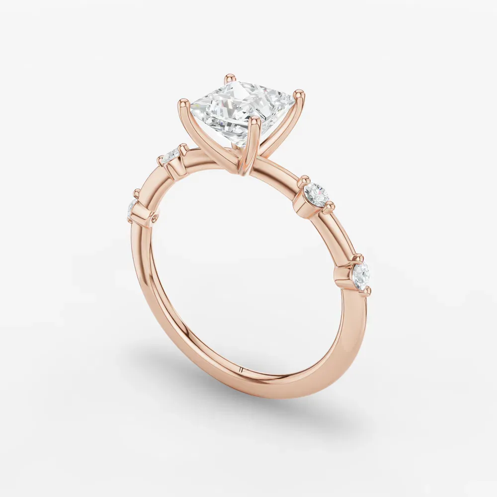 Certified 1 carat Lab Grown Diamond Princess Cut Low profile, Side Stone Engagement Ring in 14K Rose Gold-Hriw