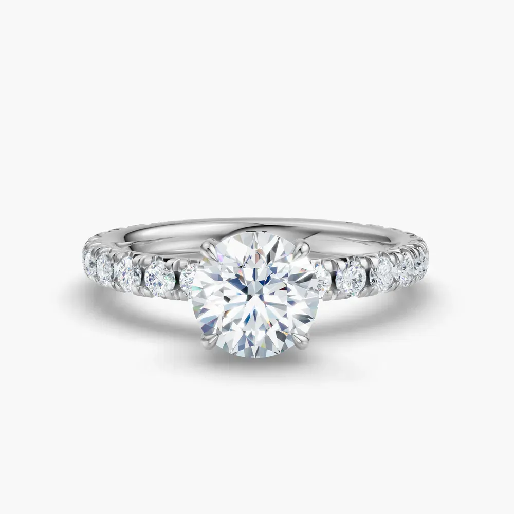 Certified 1 carat Lab Grown Diamond Round Cut Pavé, Hidden Halo, Four Prong Engagement Ring in 14K White Gold-Cyrra