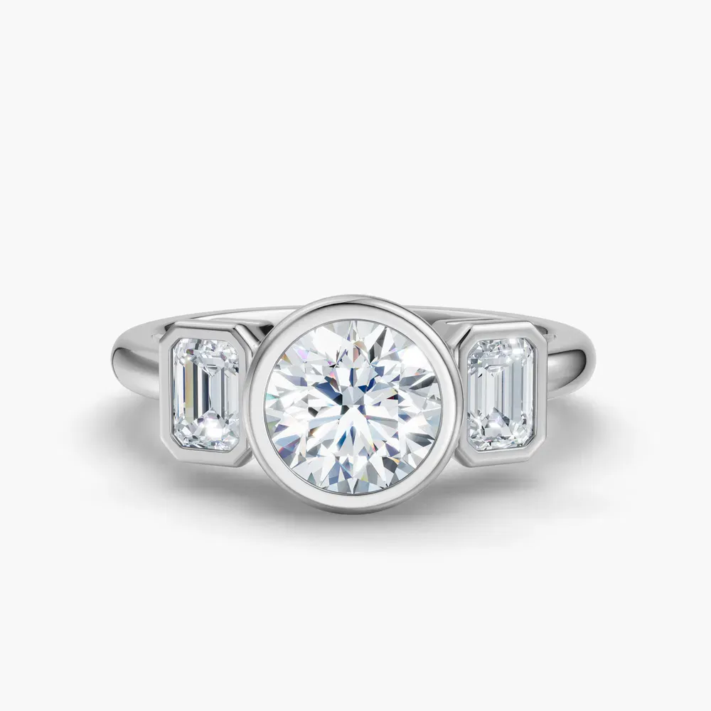 Certified 1 carat Lab Grown Diamond Round Cut Three Stone, Bezel, Low profile Engagement Ring in 14K White Gold-Elix