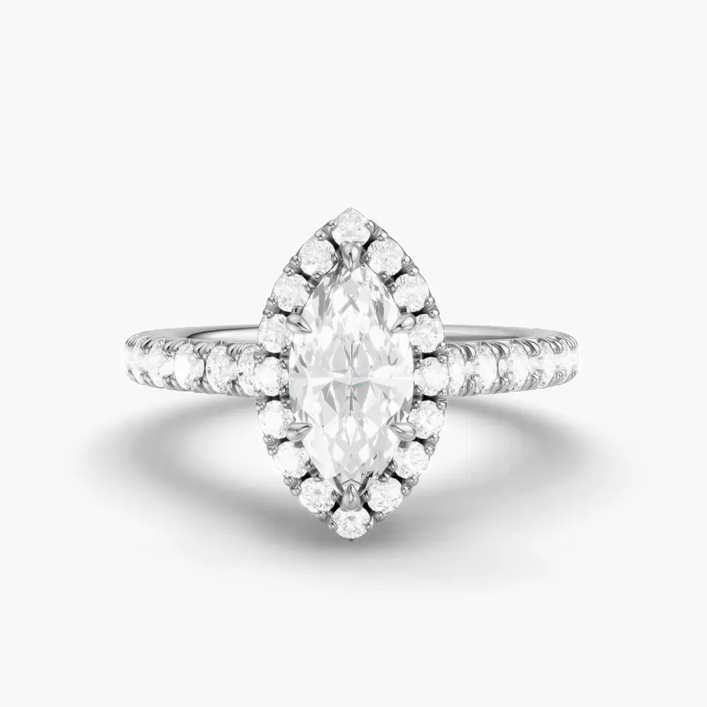 Certified 1 carat Lab Grown Diamond Marquise Cut Cathedral, Pavé, Halo Engagement Ring in 14K White Gold-Zaria
