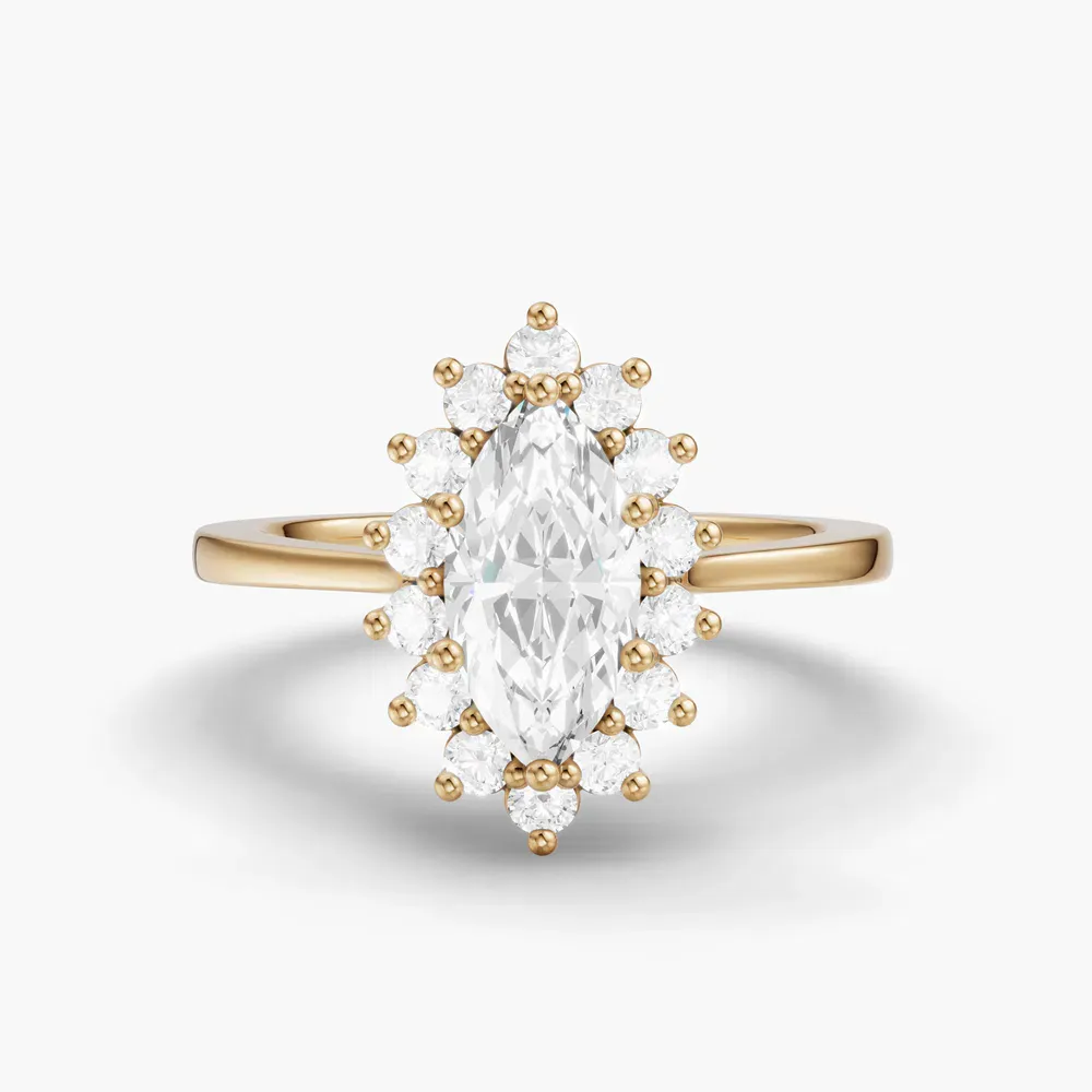 Certified 1 carat Lab Grown Diamond Marquise Cut Cathedral, Halo, Floral Engagement Ring in 14K Yellow Gold-Juncb