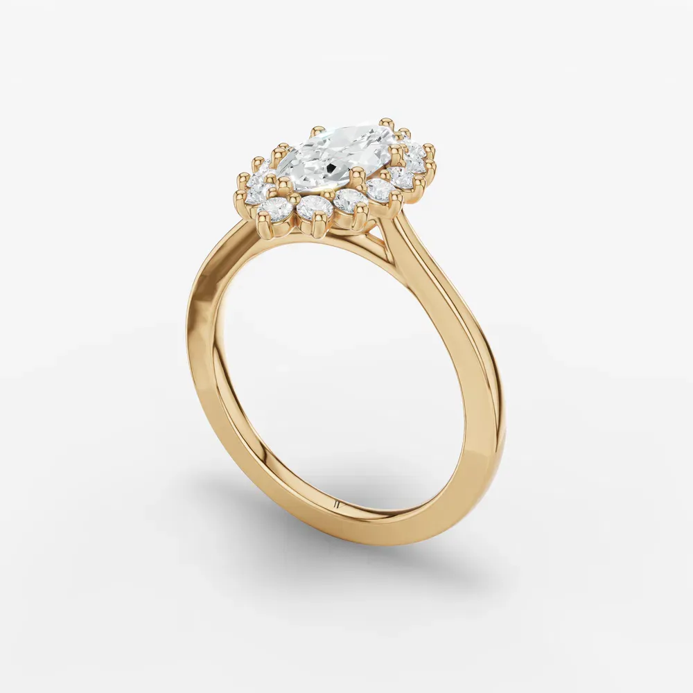 Certified 1 carat Lab Grown Diamond Marquise Cut Cathedral, Halo, Floral Engagement Ring in 14K Yellow Gold-Juncb