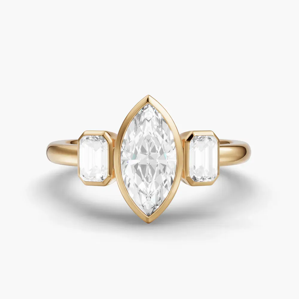 Certified 1 carat Lab Grown Diamond Marquise Cut Three Stone, Bezel, Low profile Engagement Ring in 14K Yellow Gold-Elix