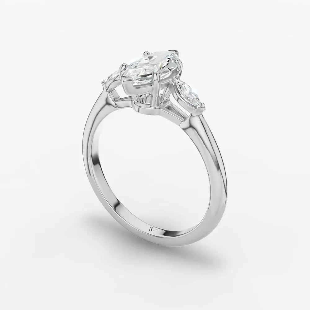 Certified 1 carat Lab Grown Diamond Marquise Cut Three Stone, Side Stone Engagement Ring in 14K White Gold-Glow