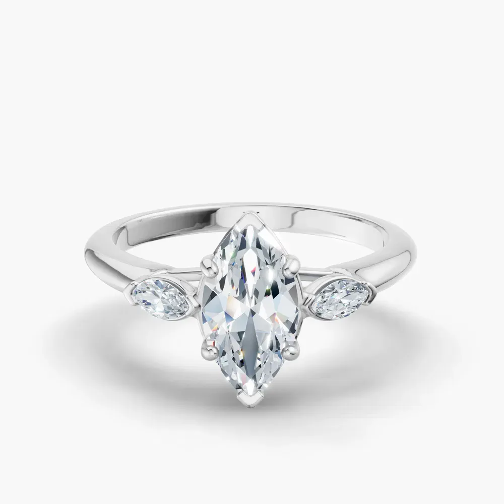 Certified 1 carat Lab Grown Diamond Marquise Cut Three Stone, Side Stone Engagement Ring in 14K White Gold-Glow