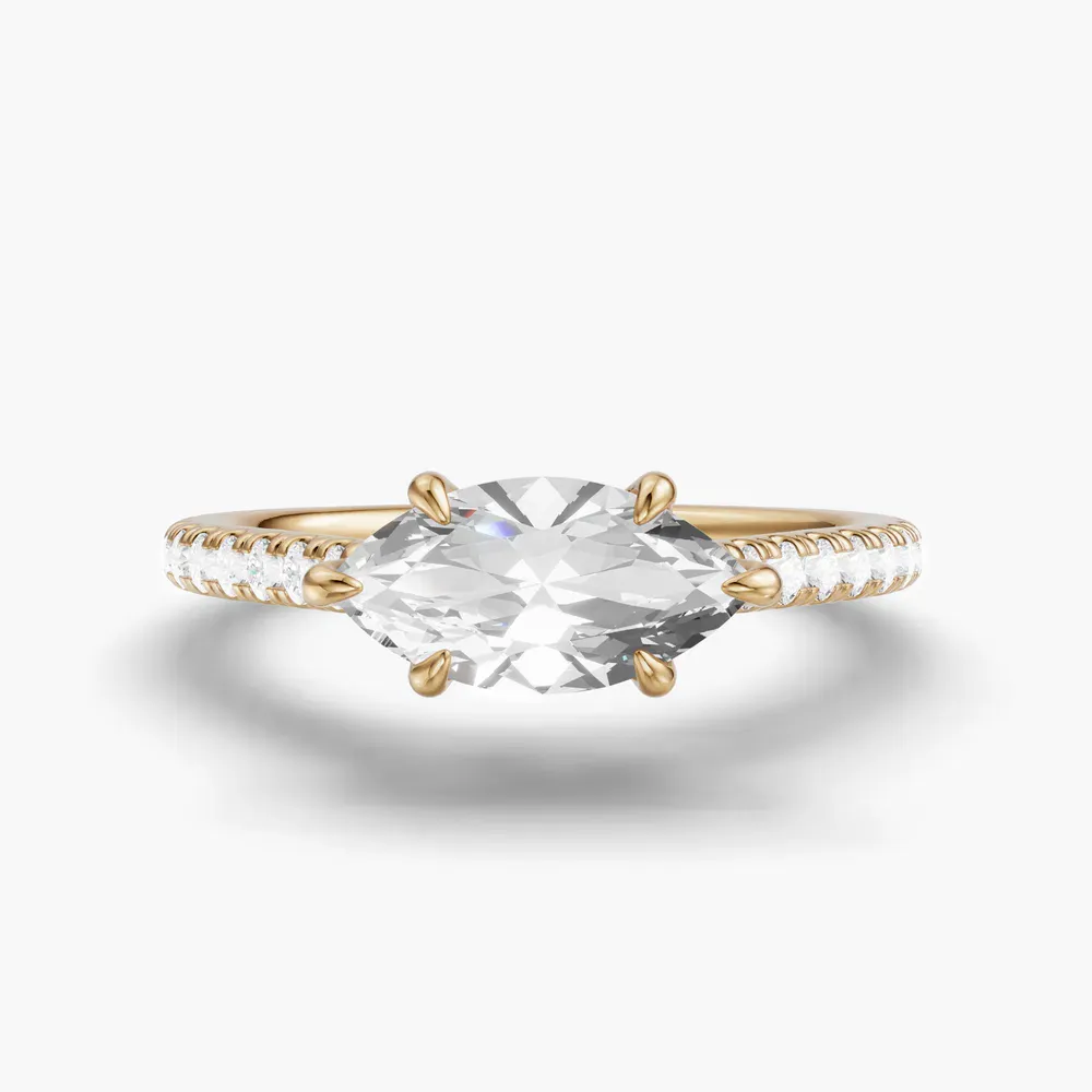 Certified 1 carat Lab Grown Diamond Marquise Cut Pavé, Cathedral, East-West Engagement Ring in 14K Yellow Gold-Uma