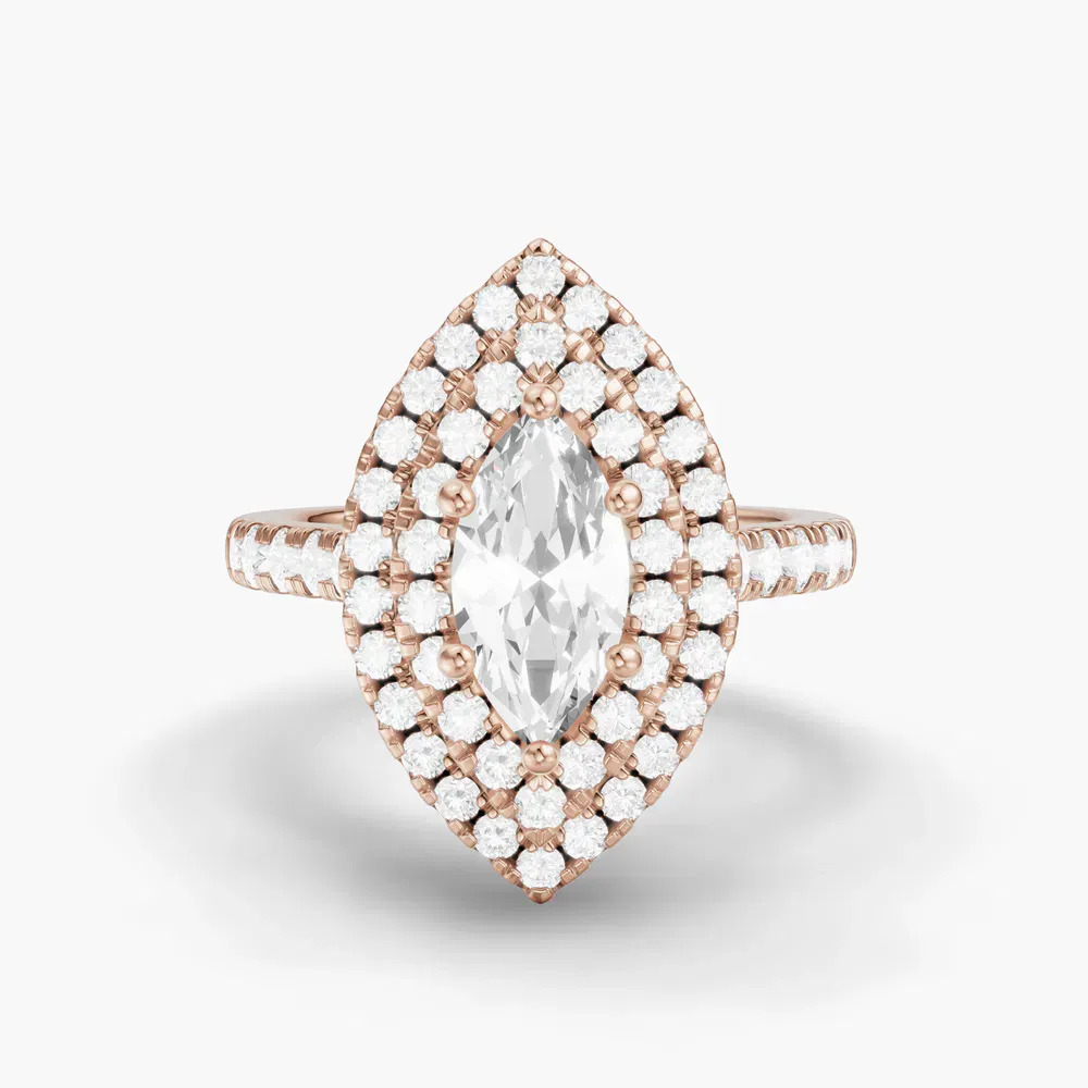 Certified 1 carat Lab Grown Diamond Marquise Cut Halo, Pavé, Double halo Engagement Ring in 14K Rose Gold-Brexa