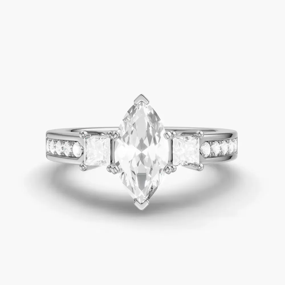 Certified 1 carat Lab Grown Diamond Marquise Cut Three Stone, Pavé, Channel Set Engagement Ring in 14K White Gold-Velis