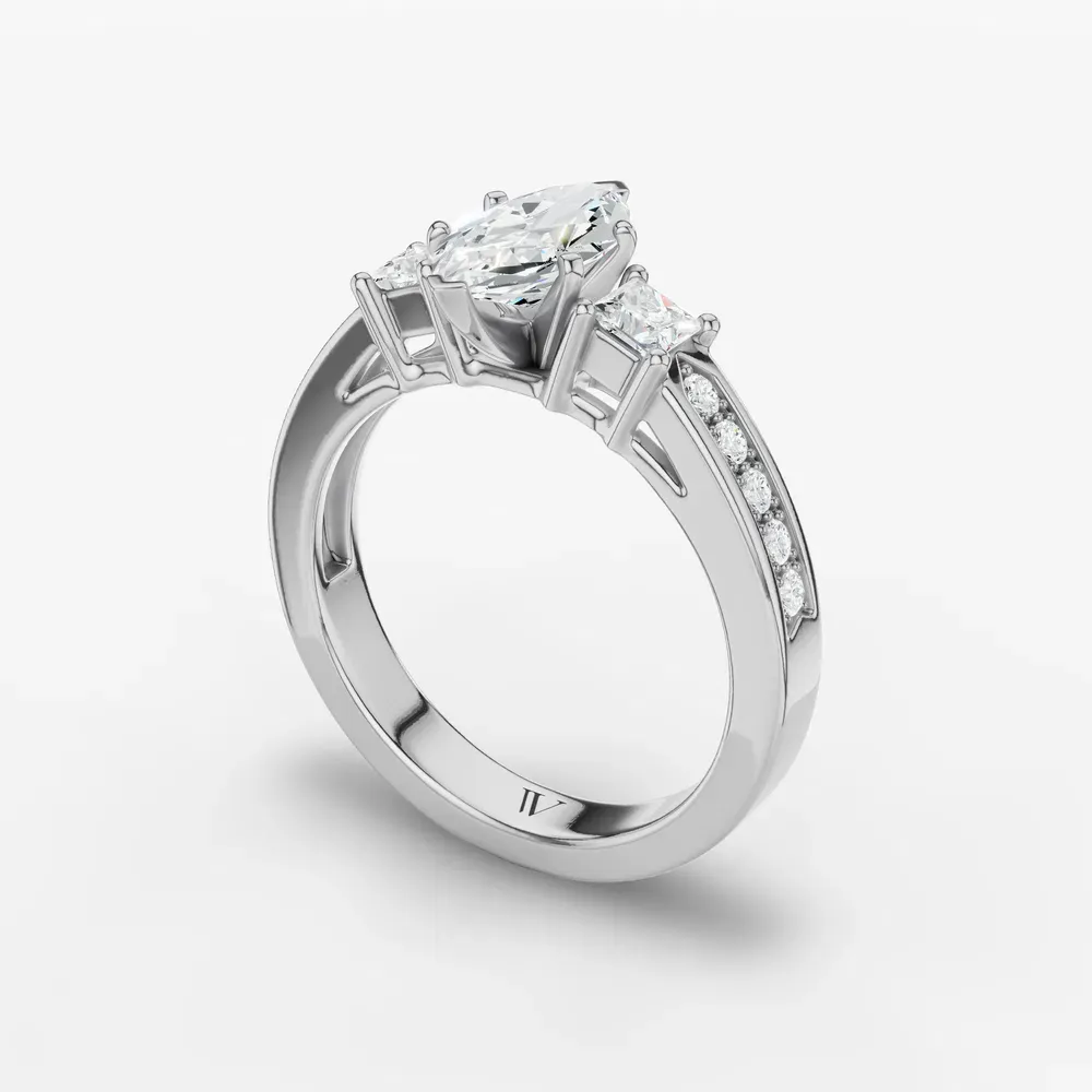 Certified 1 carat Lab Grown Diamond Marquise Cut Three Stone, Pavé, Channel Set Engagement Ring in 14K White Gold-Velis
