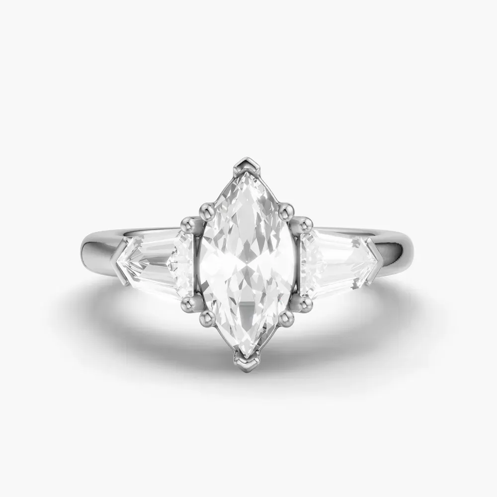 Certified 1 carat Lab Grown Diamond Marquise Cut Three Stone, Side Stone Engagement Ring in 14K White Gold-Lyris