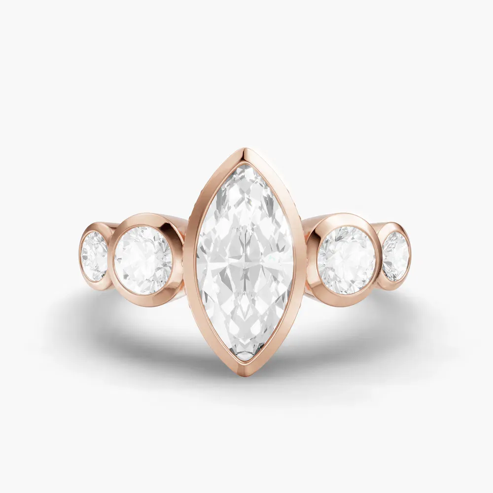 Certified 1 carat Lab Grown Diamond Marquise Cut Five Stone, Milgrain, Bezel Engagement Ring in 14K Rose Gold-Sole