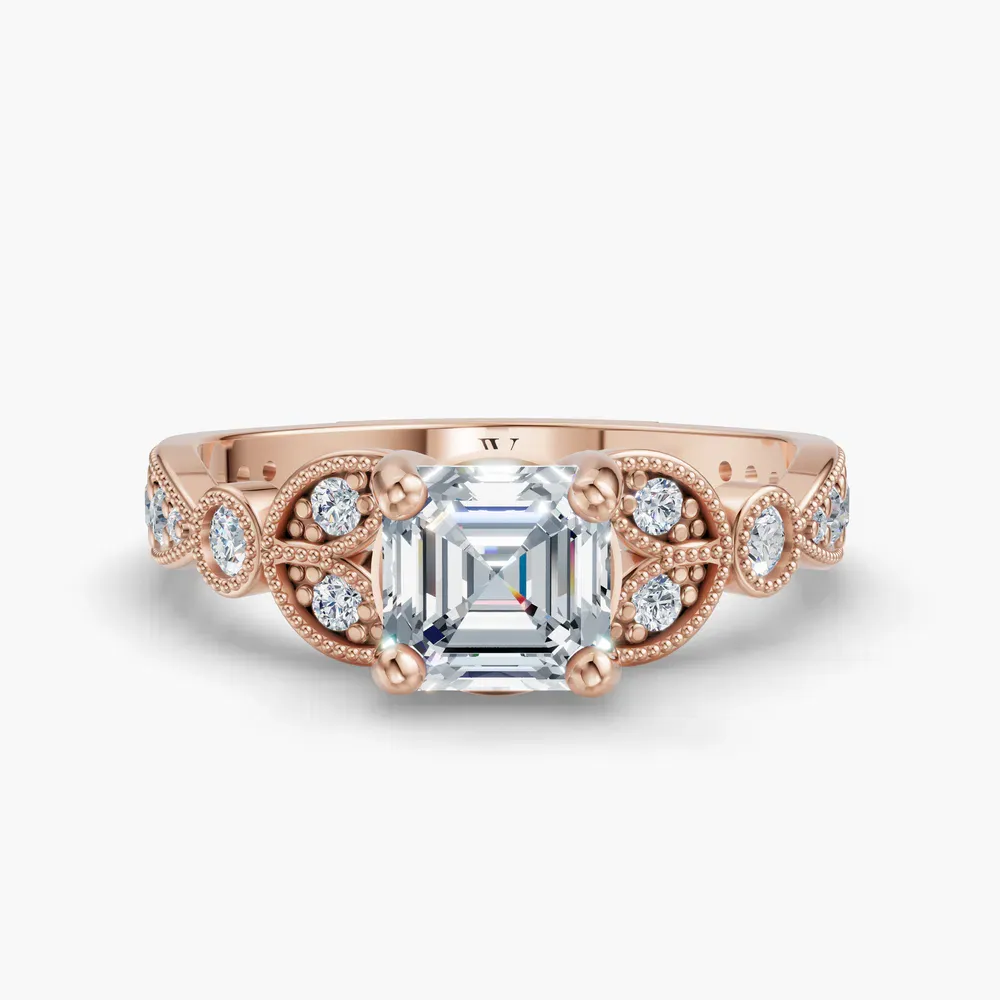 Certified 1 carat Lab Grown Diamond Asscher Cut Milgrain, Vintage, Side Stone Engagement Ring in 14K Rose Gold-Skye