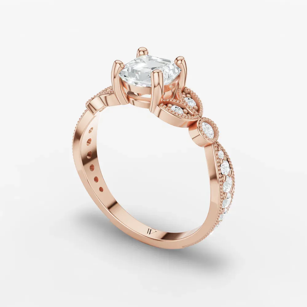 Certified 1 carat Lab Grown Diamond Asscher Cut Milgrain, Vintage, Side Stone Engagement Ring in 14K Rose Gold-Skye