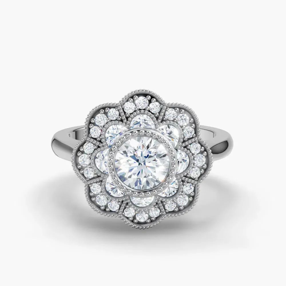 Certified 0.5 carat Lab Grown Diamond Round Cut Floral, Art Deco, Milgrain Engagement Ring in 14K White Gold-Novaen