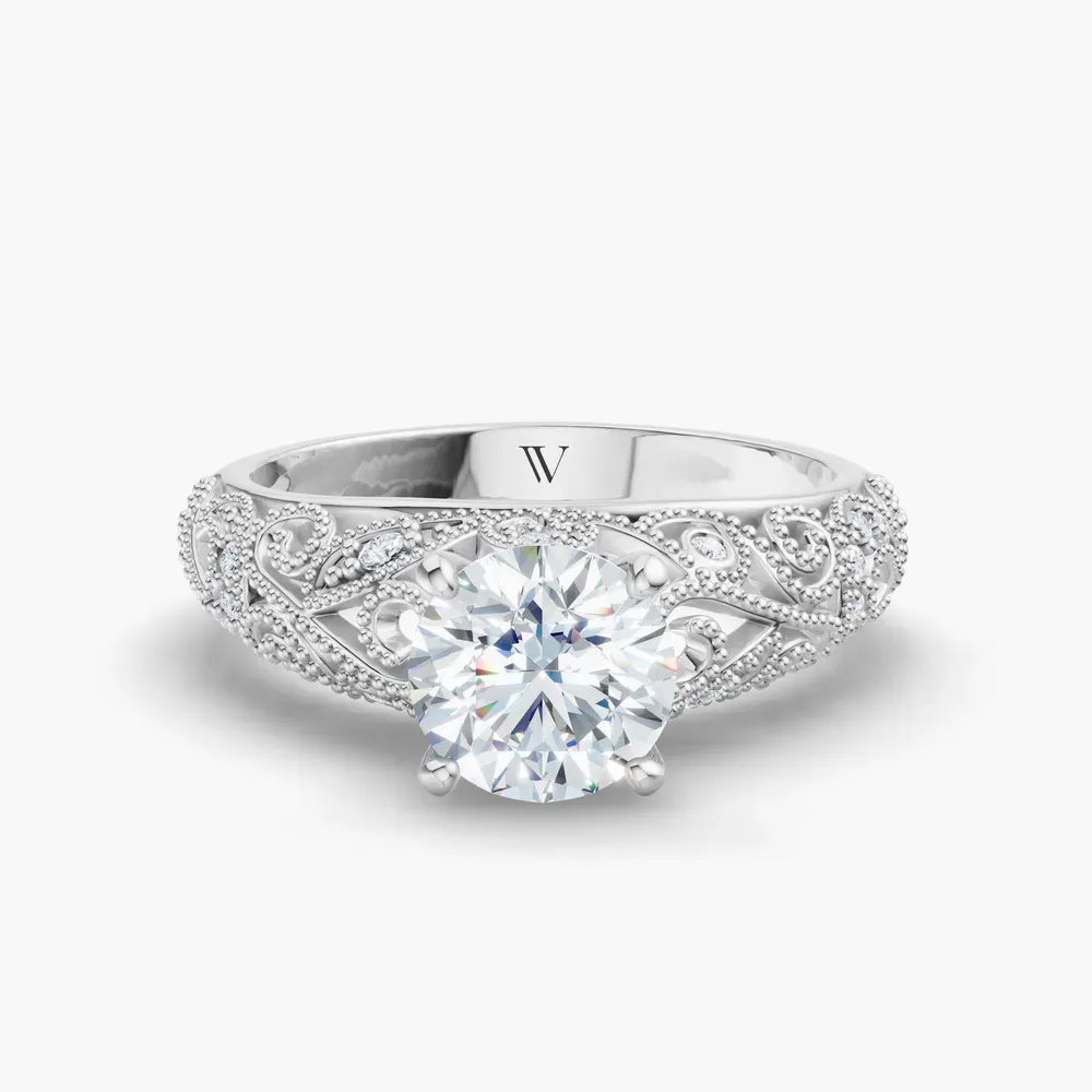 Certified 1 carat Lab Grown Diamond Round Cut Vintage, Milgrain, Filigree Engagement Ring in 14K White Gold-Jaxen