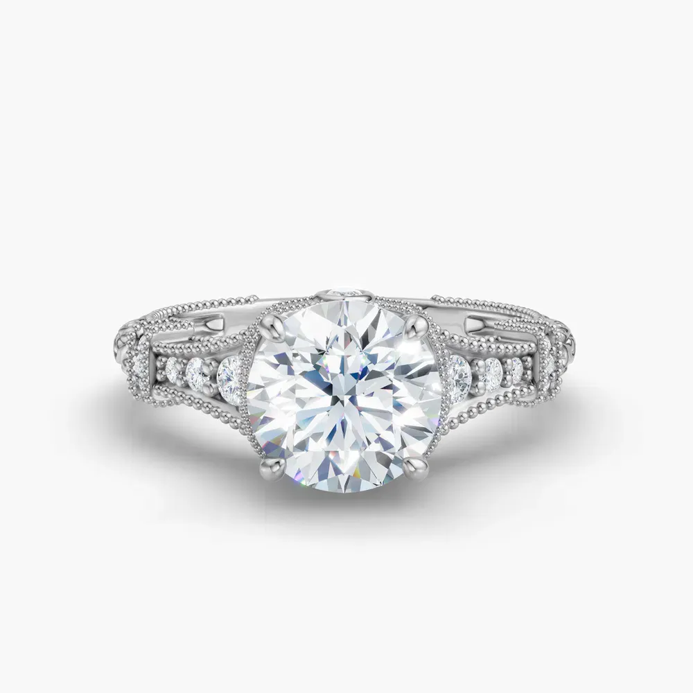 Certified 1 carat Lab Grown Diamond Round Cut Vintage, Hidden Halo, Nature inspired Engagement Ring in 14K White Gold-Whisper