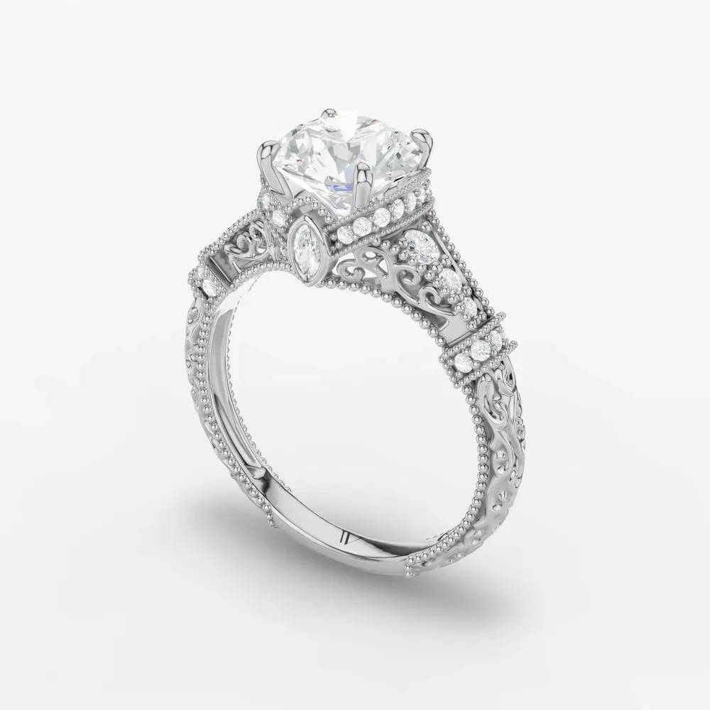 Certified 1 carat Lab Grown Diamond Round Cut Vintage, Hidden Halo, Nature inspired Engagement Ring in 14K White Gold-Whisper