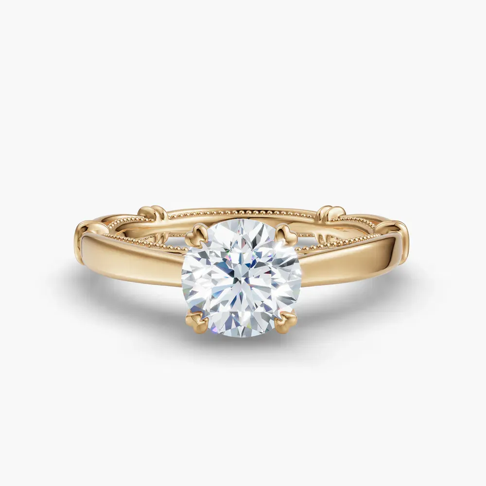 Certified 1 carat Lab Grown Diamond Round Cut Vintage, Milgrain, Nature inspired Engagement Ring in 14K Yellow Gold-Qoxi