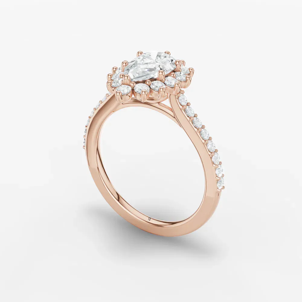 Certified 1 carat Lab Grown Diamond Pear Cut Pavé, Halo, Floral Engagement Ring in 14K Rose Gold-Elite Juniper