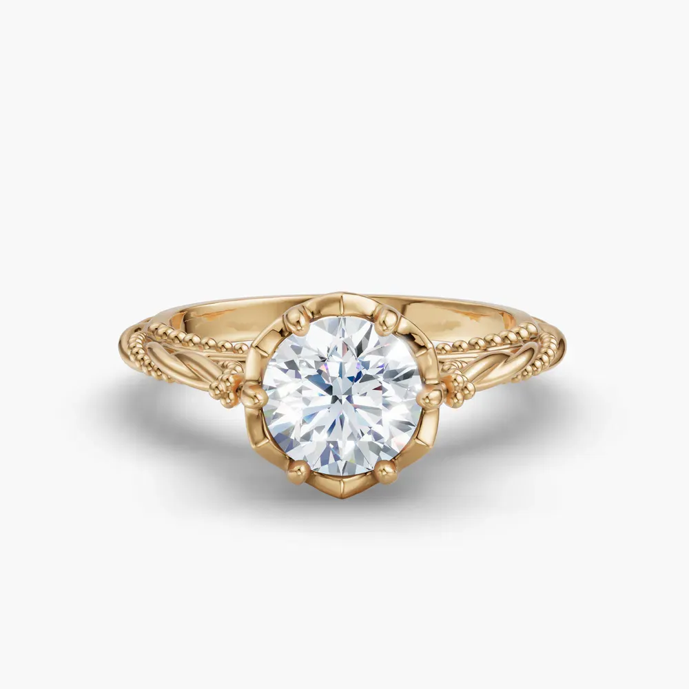Certified 1 carat Lab Grown Diamond Round Cut Solitaire, Milgrain, Vintage Engagement Ring in 14K Yellow Gold-Thistle