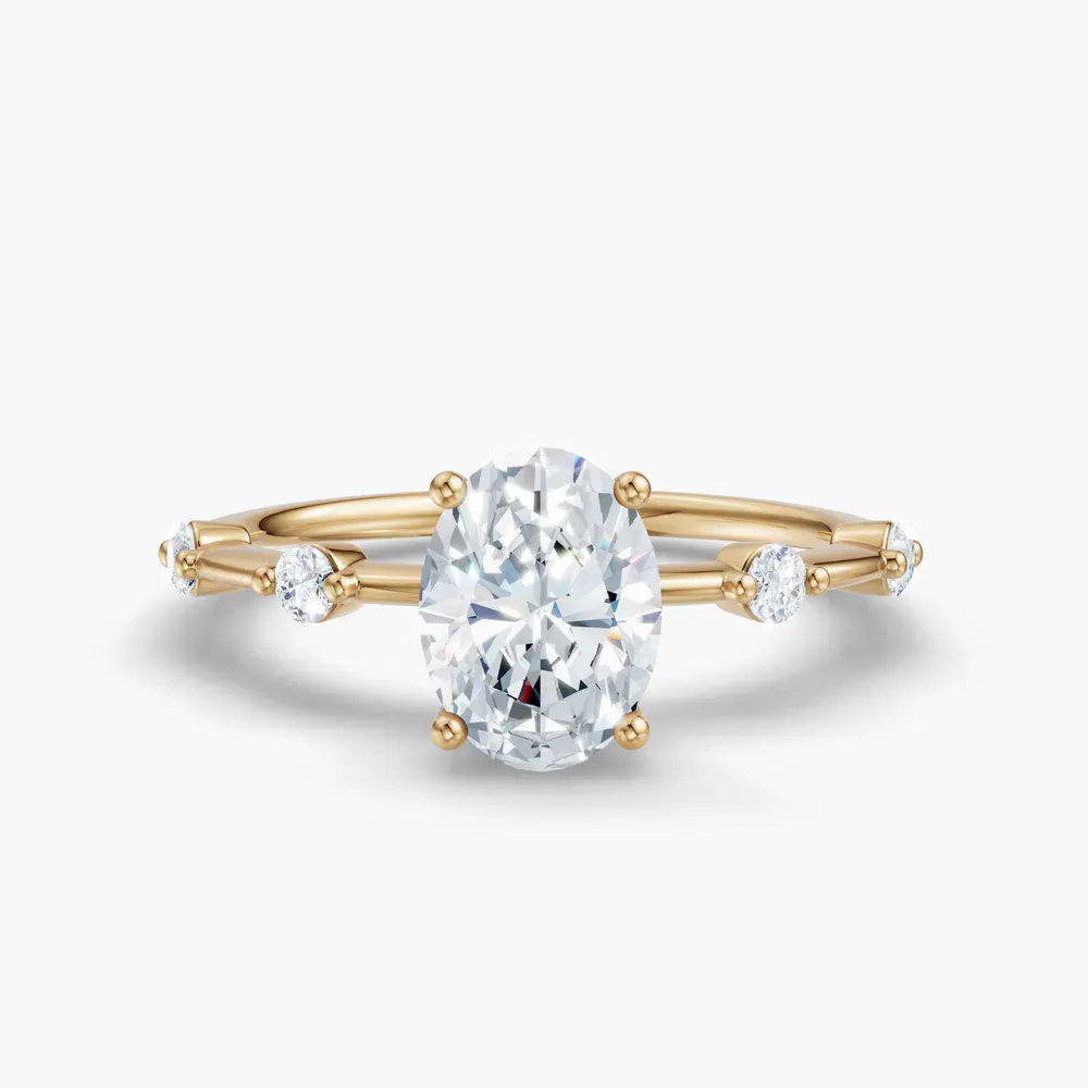 Certified 1 carat Lab Grown Diamond Oval Cut Low profile, Side Stone Engagement Ring in 14K Yellow Gold-Hriw
