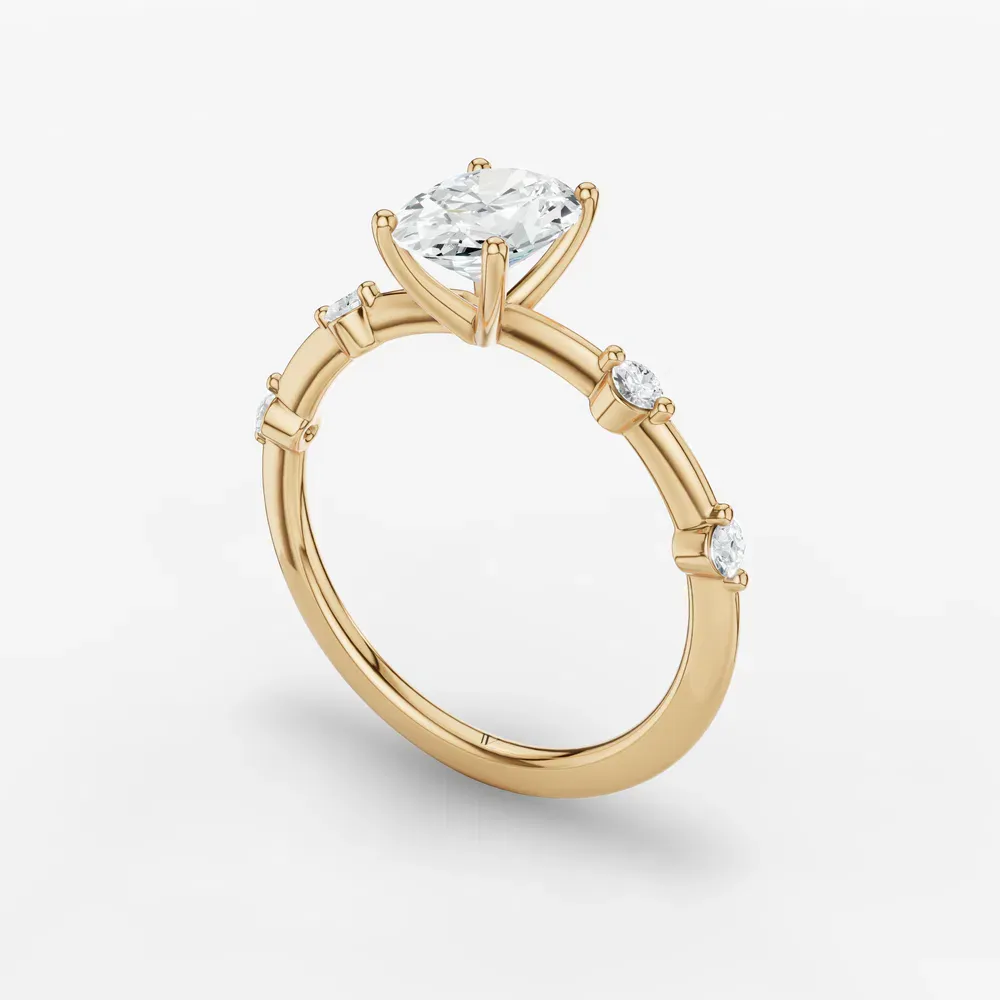 Certified 1 carat Lab Grown Diamond Oval Cut Low profile, Side Stone Engagement Ring in 14K Yellow Gold-Hriw