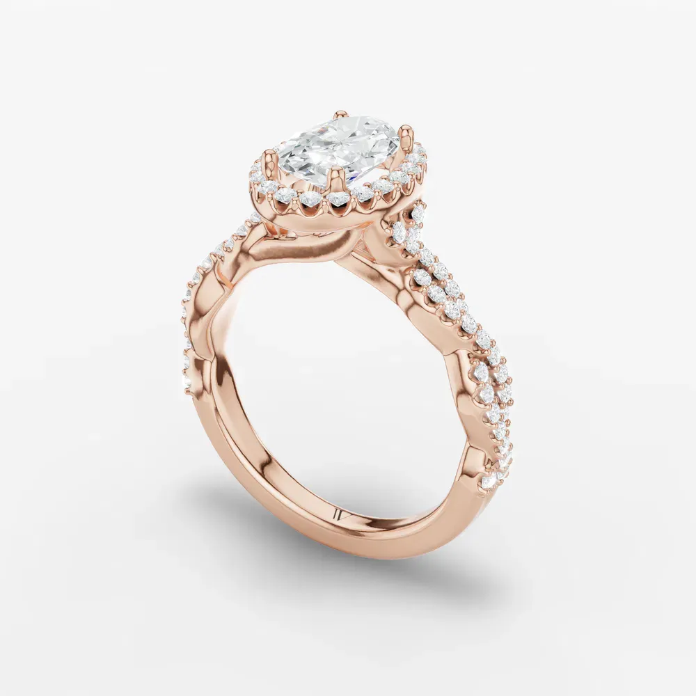 Certified 1 carat Lab Grown Diamond Oval Cut Halo, Pavé, Twist Engagement Ring in 14K Rose Gold-Meraki
