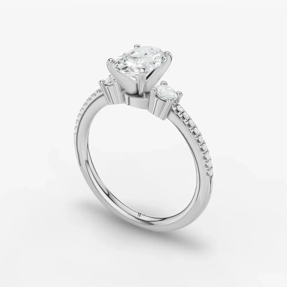 Certified 1 carat Lab Grown Diamond Oval Cut Three Stone, Pavé, Side Stone Engagement Ring in 14K White Gold-Vynix